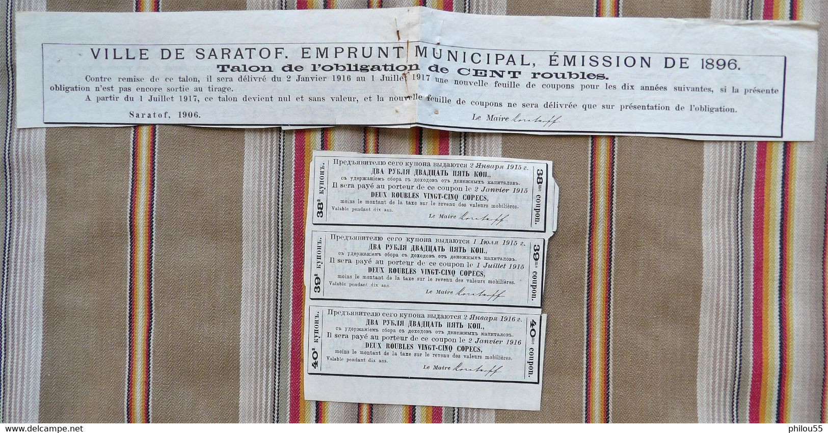 VILLE DE SARATOF Emprunt Municipal Obligation 4 1/2% de 100 Roubles 1896 coupons