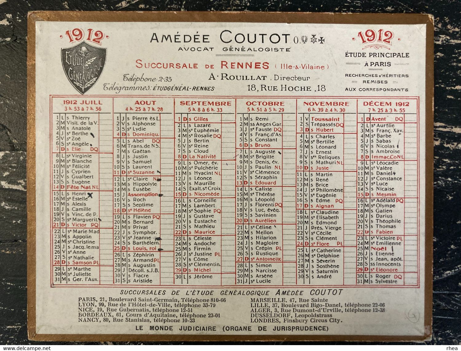 CALENDRIERS - Petit Calendrier 1912 è Publicité Pour Amédée Coutot, Avocat Généalogiste - RENNES - Small : 1901-20