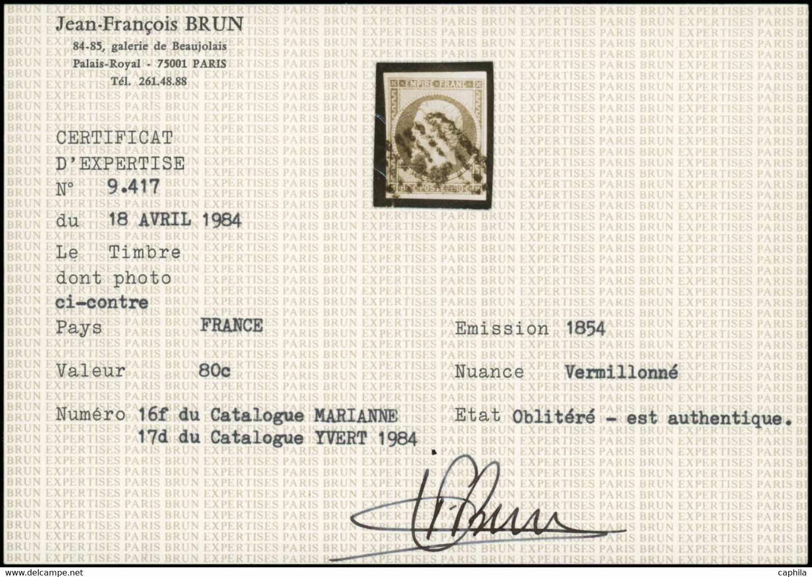 O FRANCE - Poste - 17Ad, Signé + Certificat Brun: 80c. Vermillonné - 1853-1860 Napoleon III