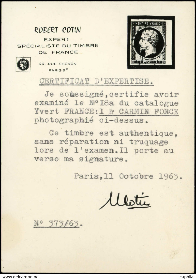 O FRANCE - Poste - 18a, Obl. PC 8 (Agde), Signé Miro Et Cotin + Certificat, Bdf: 1f. Carmin Foncé - 1853-1860 Napoleon III