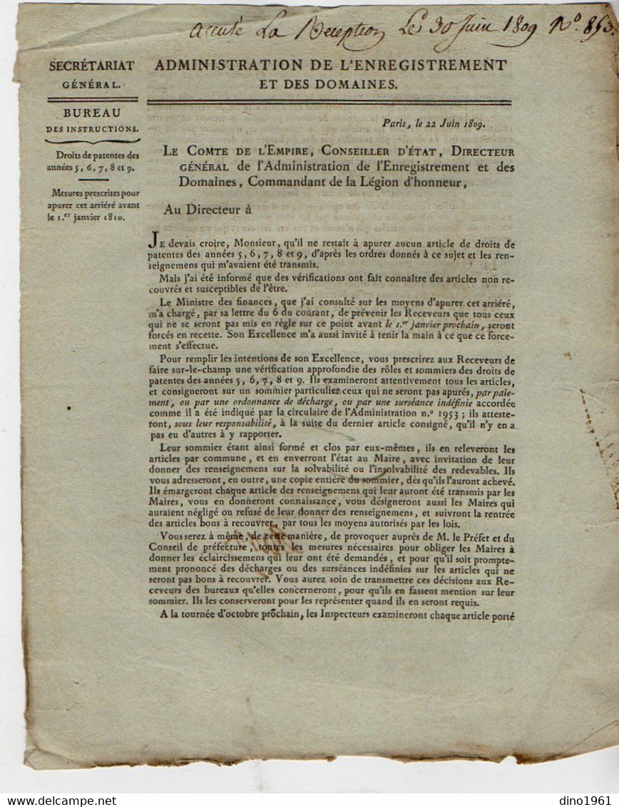 VP20.815 - Napoléon 1er - PARIS 1809 - Lettre De L'Admistration De L'Enregistrement / Droits De Patentes Années 5 à 9 - Decrees & Laws