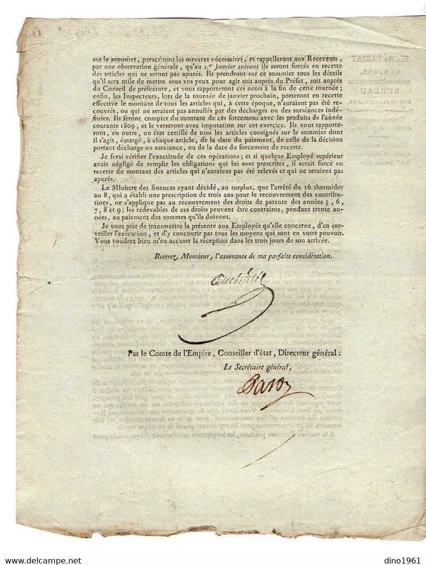VP20.815 - Napoléon 1er - PARIS 1809 - Lettre De L'Admistration De L'Enregistrement / Droits De Patentes Années 5 à 9 - Decreti & Leggi