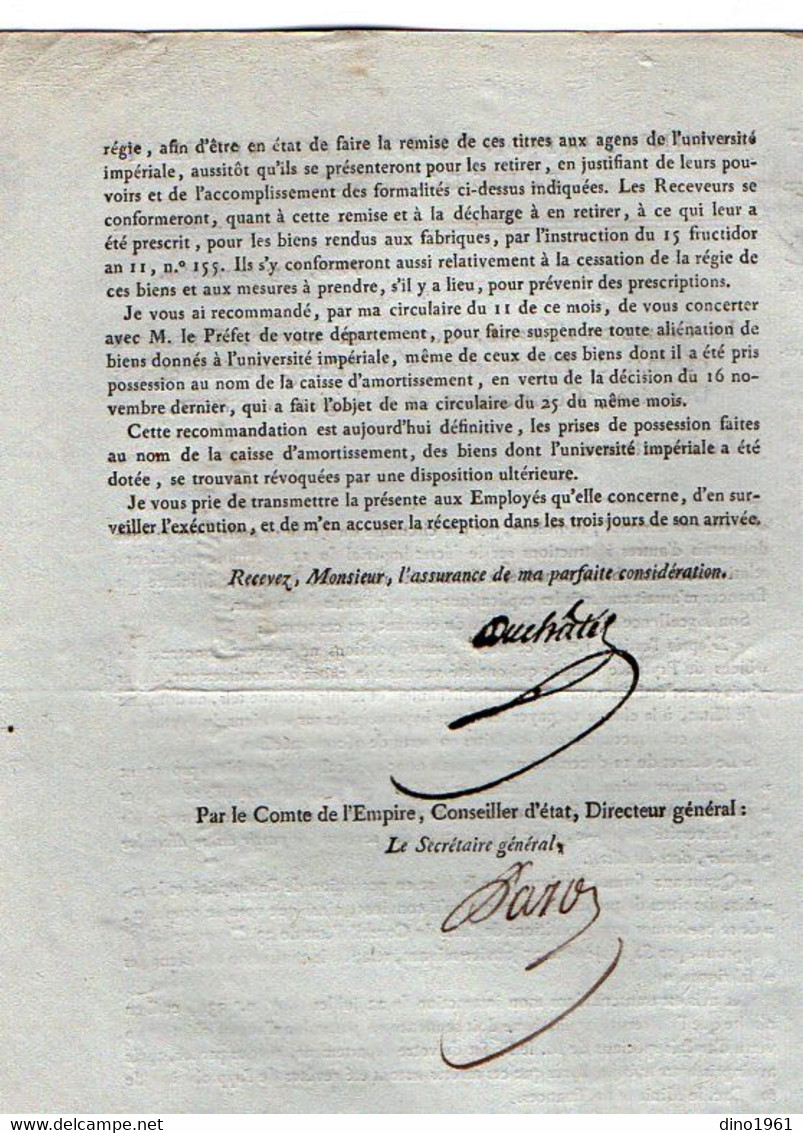 VP20.817 - Napoléon 1er - PARIS 1809 - Lettre De L'Admistration De L'Enregistrement / Donation à L'Université Impériale - Décrets & Lois