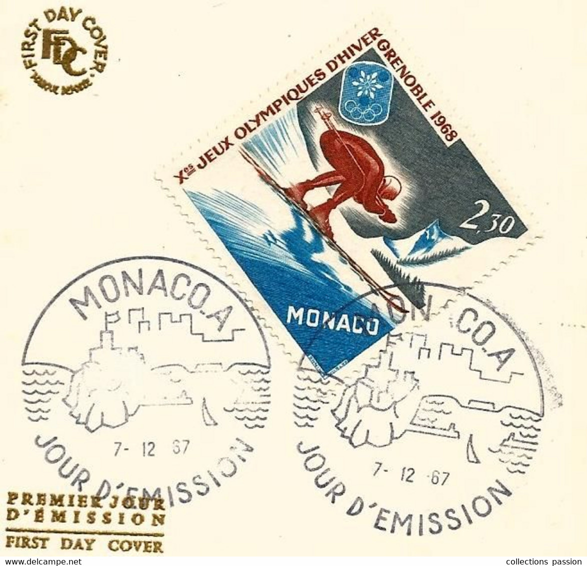 FDC , Premier Jour, Day Of Issue , MONACO.A , Xes JEUX OLYMPIQUES D'HIVER , GRENOBLE 1968 ,7-12-1957 - Storia Postale