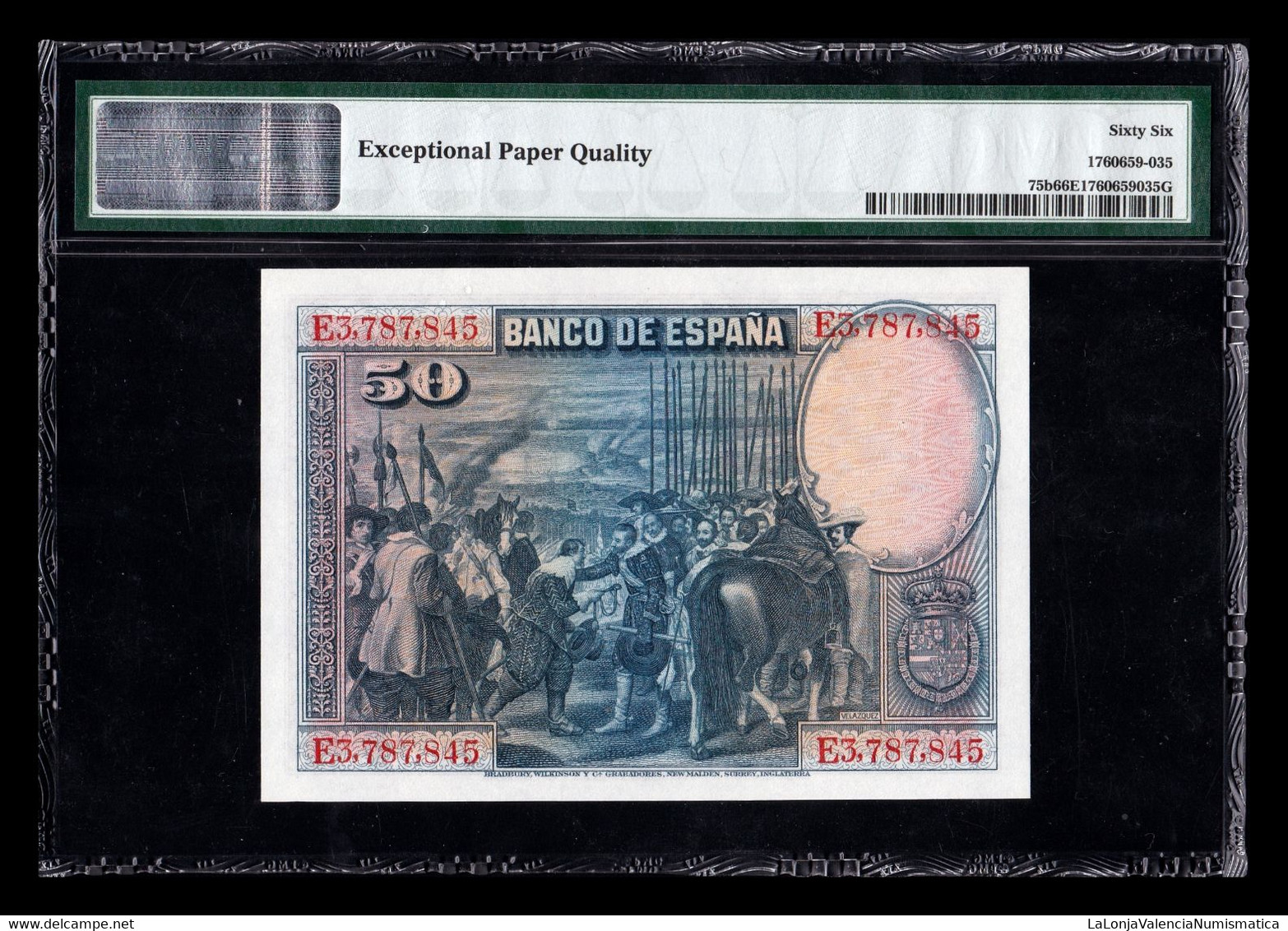 España Spain 50 Pesetas Velázquez 1928 Pick 75b Serie E PMG 66 EPQ SC UNC - 50 Pesetas