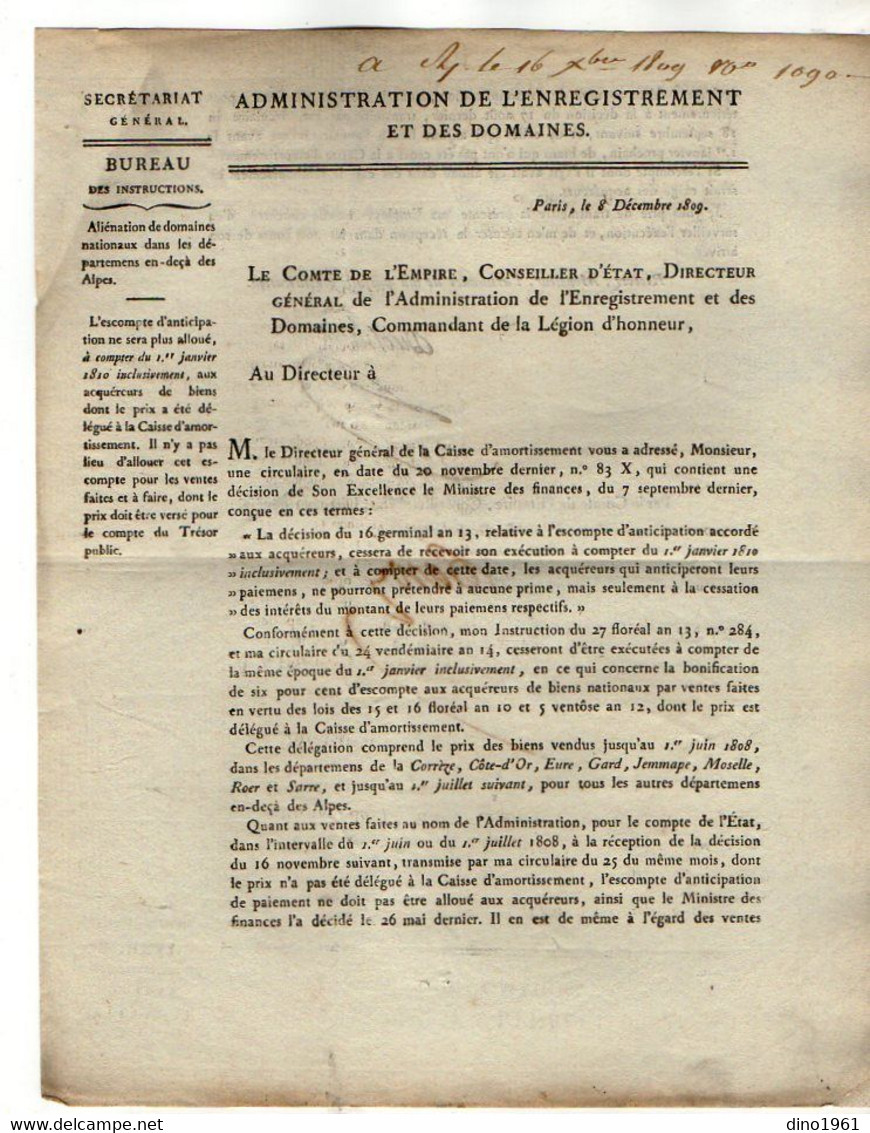 VP20.819 - Napoléon 1er - PARIS 1809 / 10 - 6 Lettres De L'Admistration De L'Enregistrement / Caisse D'Amortissement - Décrets & Lois