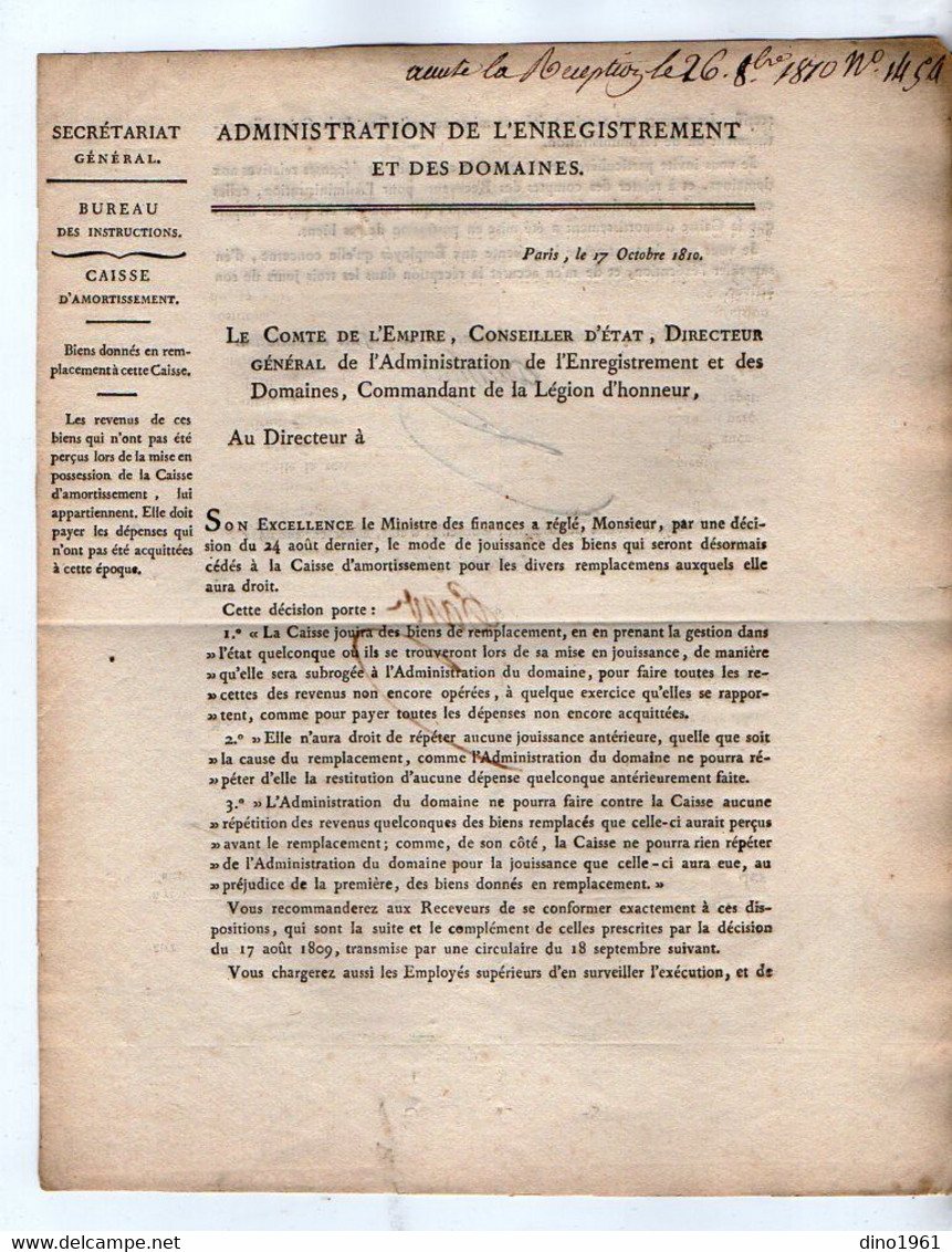 VP20.819 - Napoléon 1er - PARIS 1809 / 10 - 6 Lettres de l'Admistration de l'Enregistrement / Caisse d'Amortissement