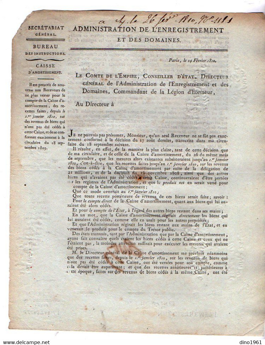 VP20.819 - Napoléon 1er - PARIS 1809 / 10 - 6 Lettres de l'Admistration de l'Enregistrement / Caisse d'Amortissement