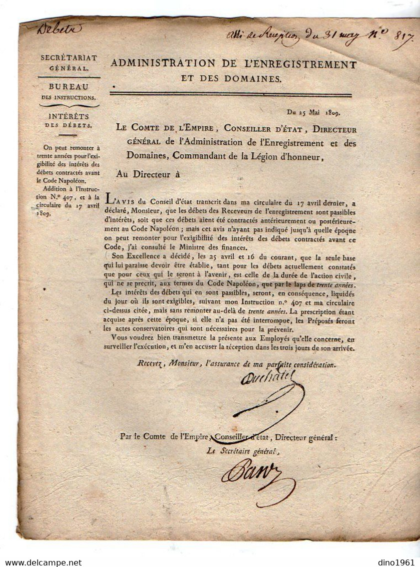 VP20.820 - Napoléon 1er - PARIS 1809 - Lettre De L'Admistration De L'Enregistrement / Intérêts Des Débets - Décrets & Lois