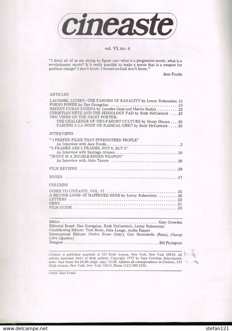 Cinéaste - 1975 - Vol VI, N° 4 - Jane Fonda - Sonstige & Ohne Zuordnung