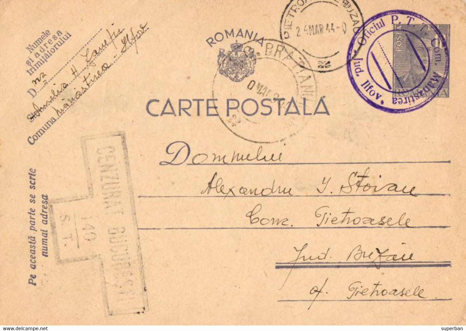 ROMANIA : CARTE ENTIER POSTAL / STATIONERY POSTCARD - MAILED In 1944 : MÂNASTIREA / ILFOV To PIETROASELE / BUZAU (ak656) - Lettres & Documents