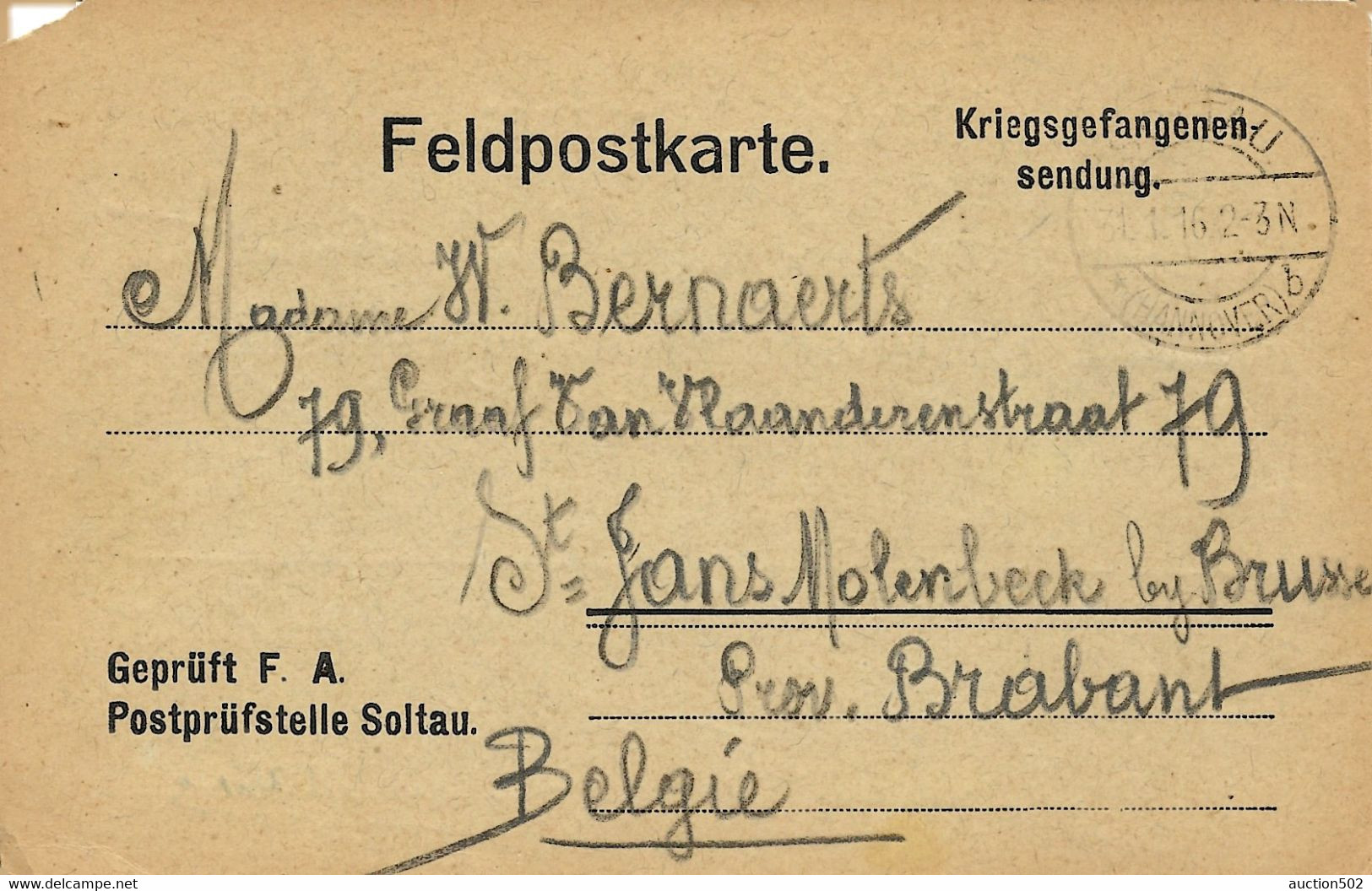 2434PR/ Feldpostkarte POW - PDG Soltau 1916 > Belgium - Prisoners