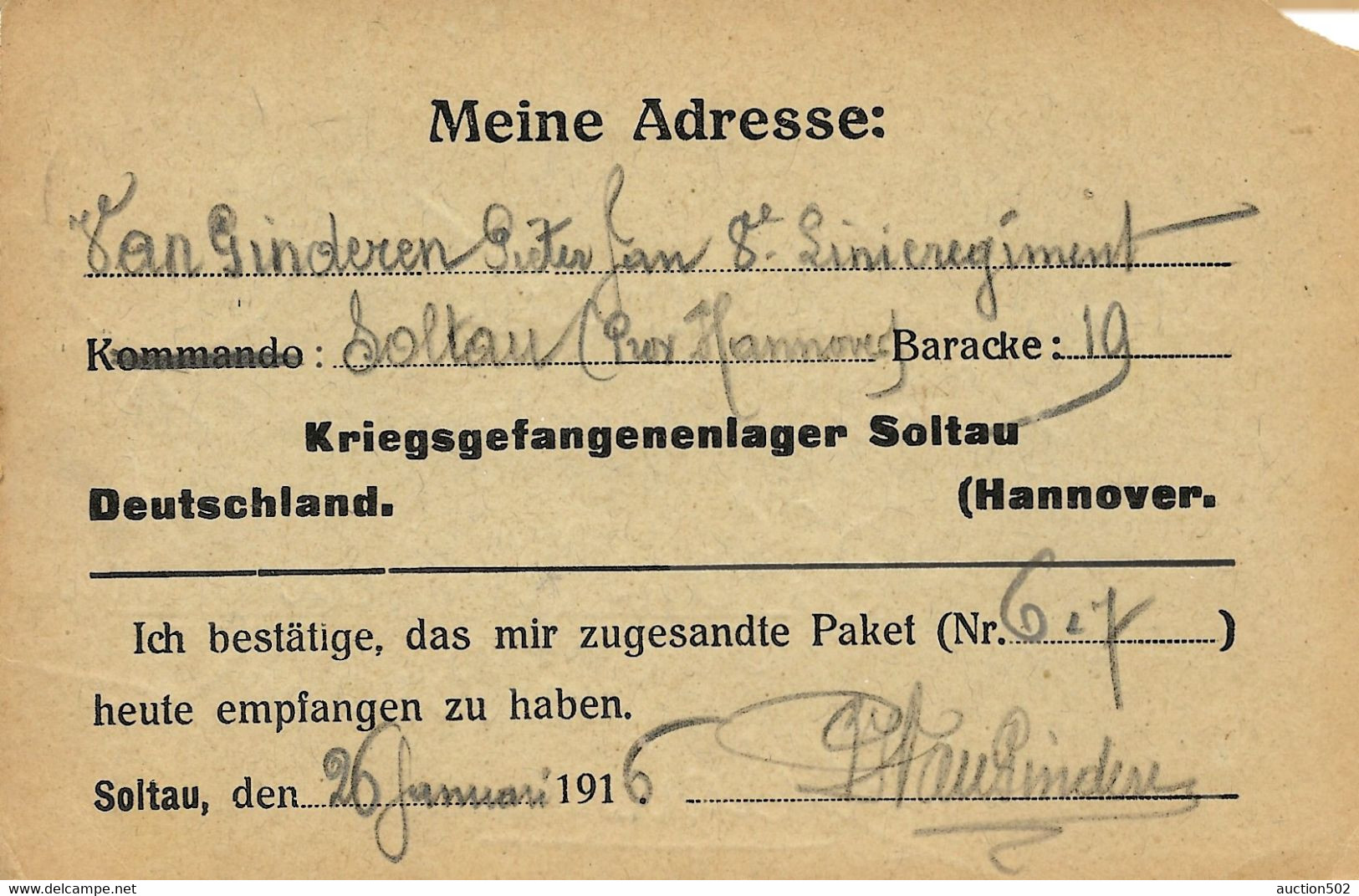 2434PR/ Feldpostkarte POW - PDG Soltau 1916 > Belgium - Prisonniers