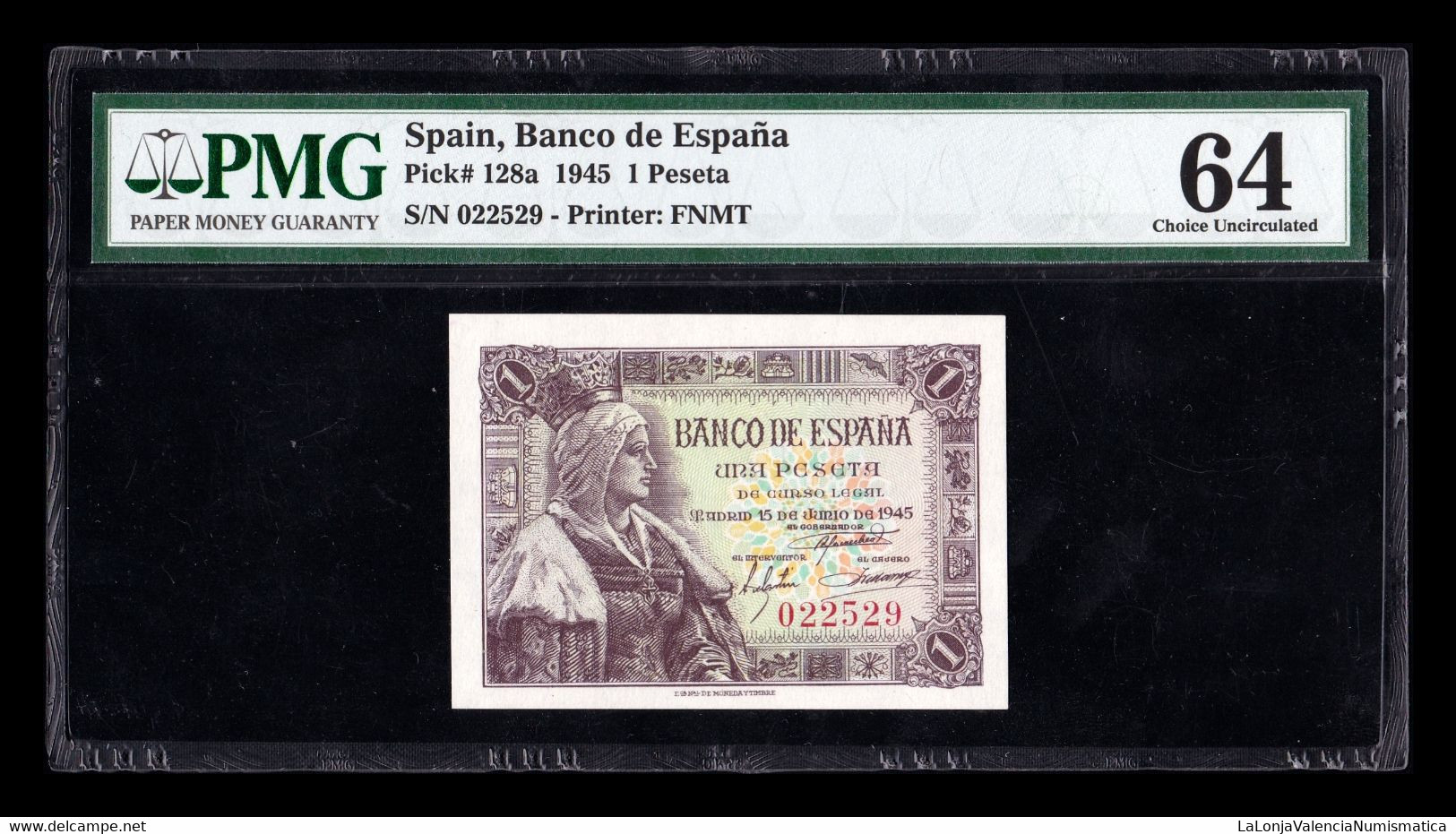 España Spain 1 Peseta Isabel I 1945 Pick 128 Sin Serie PMG 64 SC UNC - 1-2 Pesetas