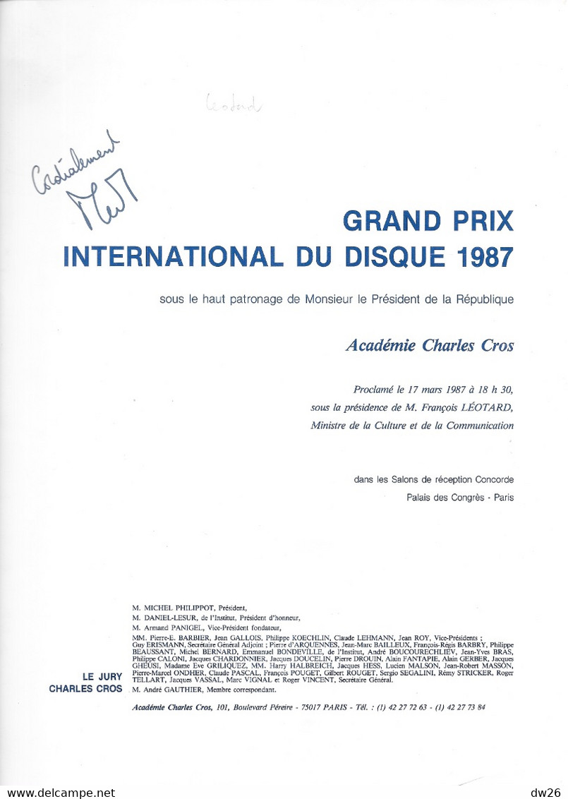 Programme: Quarantième Grand Prix International Du Disque, Académie Charles Cros 1987 - Programme