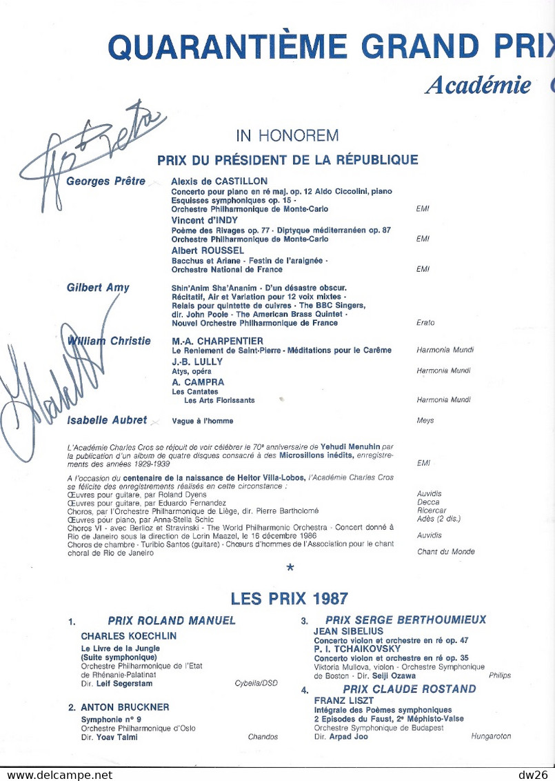 Programme: Quarantième Grand Prix International Du Disque, Académie Charles Cros 1987 - Programma's