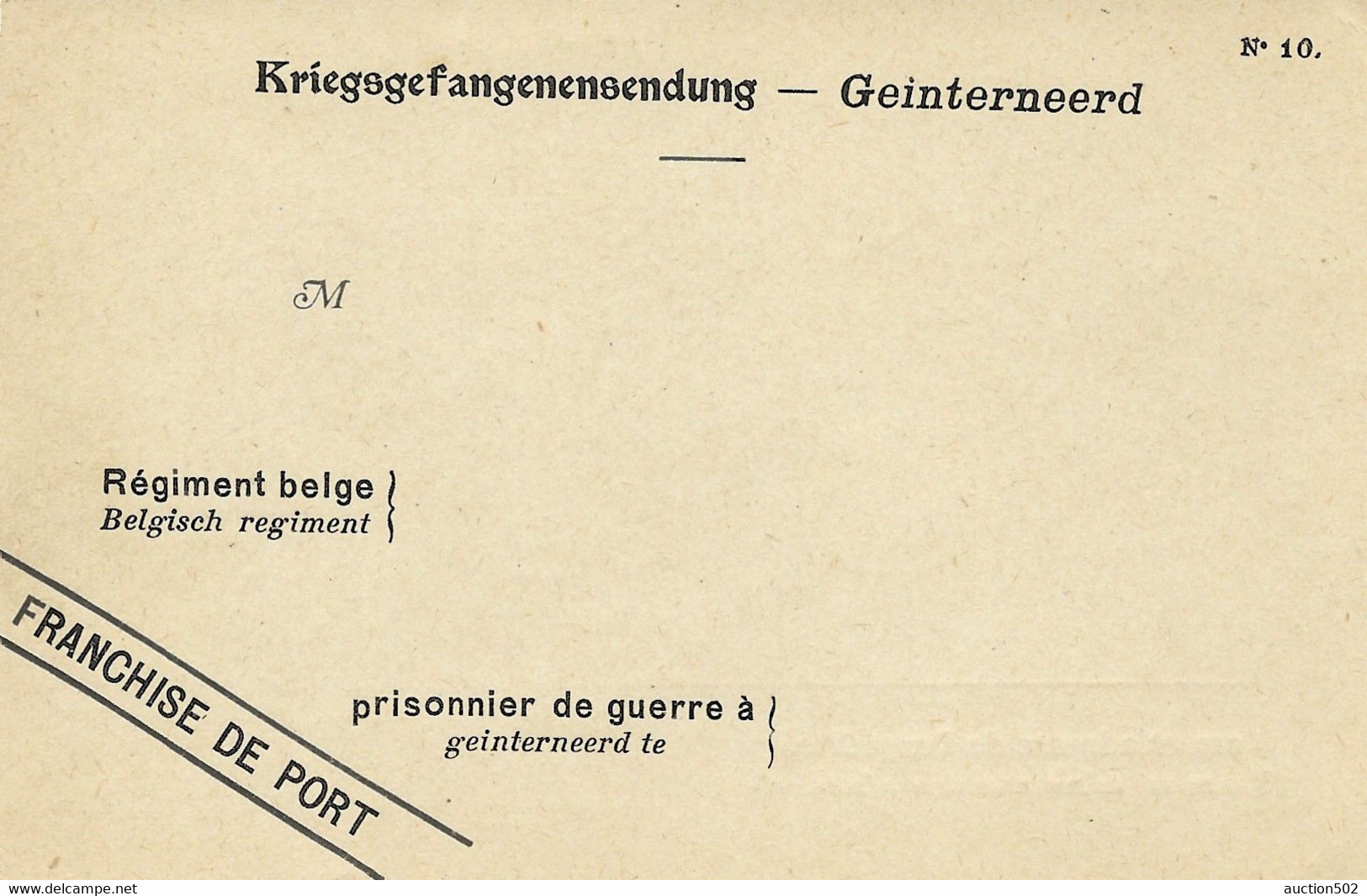 2436PR/  Kriegsgefangenensendung Geinterneerd  Régiment Belge / PDG Franchise De Port CP Neuve - Prisoners