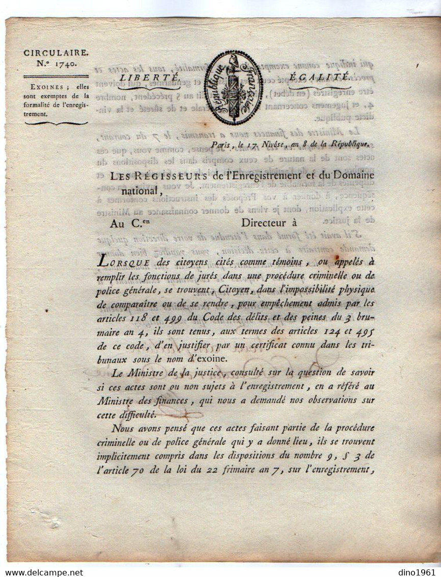 VP20.822 - RF - PARIS An 8 - Lettre De L'Admistration De L'Enregistrement Et Du Domaine National / Justice / Exoines - Décrets & Lois