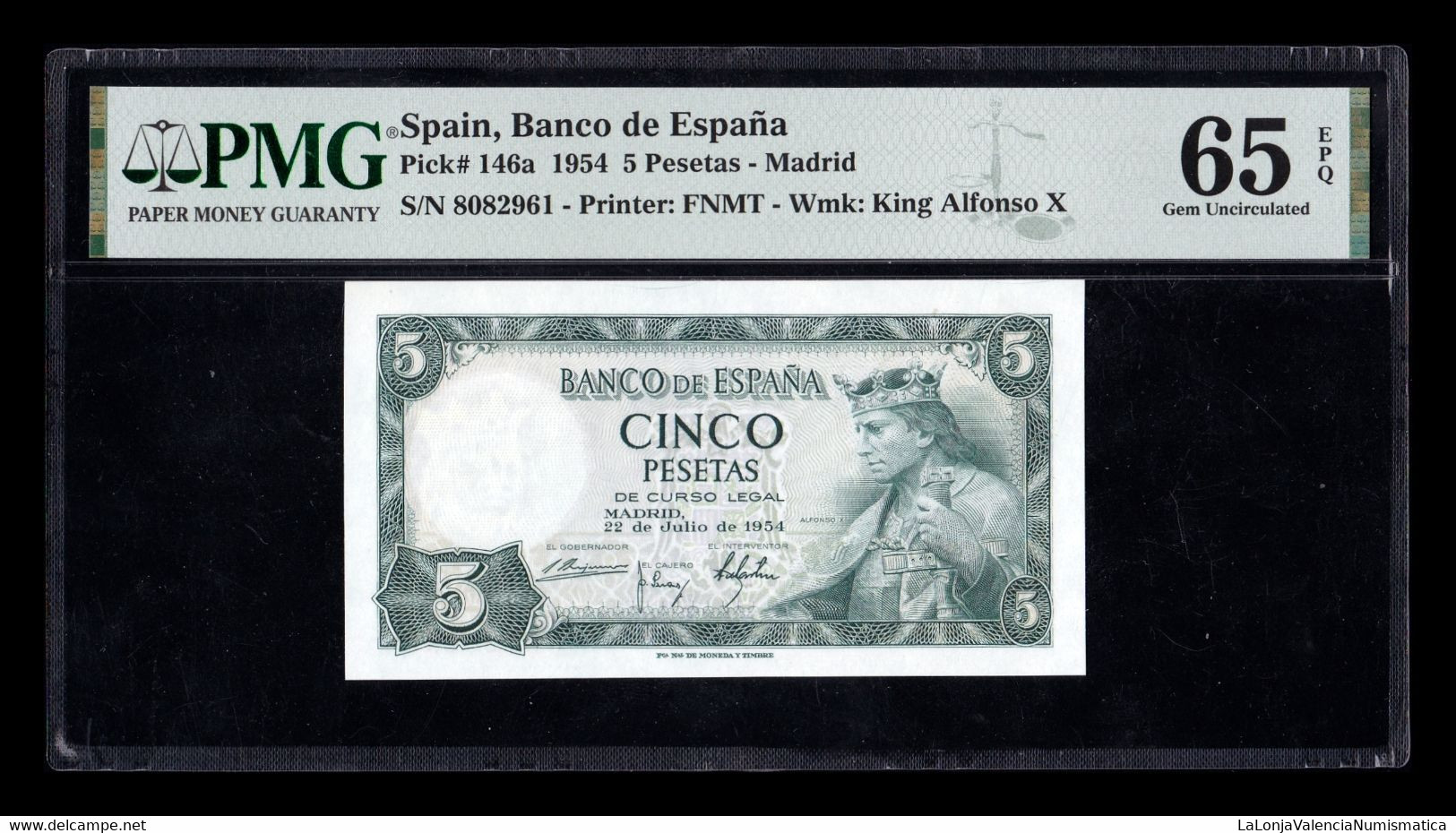 España Spain 5 Pesetas Alfonso X 1954 Pick 146 Sin Serie PMG 65 EPQ SC UNC - 5 Pesetas