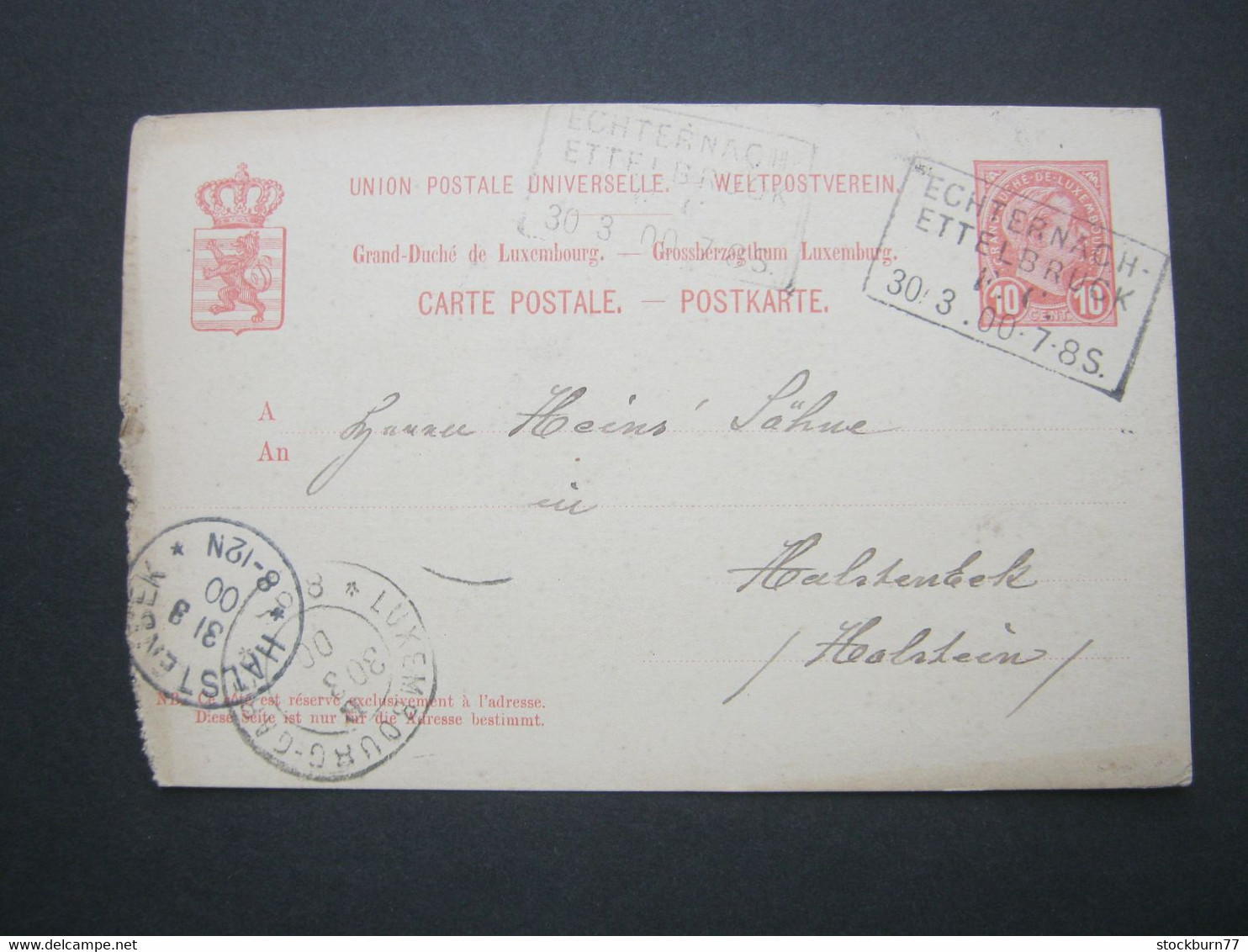 LUXEMBURG , Ganzsache  Mit Bahnpoststempel : ECHTERNACH - ETTELBRUCK, 1900 , Nach Deutschland - 1895 Adolphe Right-hand Side