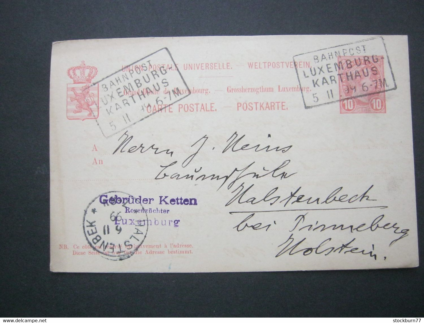 LUXEMBURG , Ganzsache  Mit Bahnpoststempel : LUXEMBURG - KARTHAUS, 1899 , Nach Deutschland - 1895 Adolphe Right-hand Side