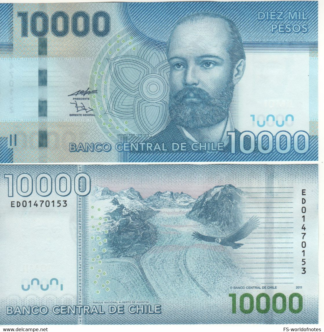 CHILE  10'000  Pesos ,  Paper  P164b  2011  ( Arturo Prat,+ National Park &  Andean Condor At Back ) UNC - Cile