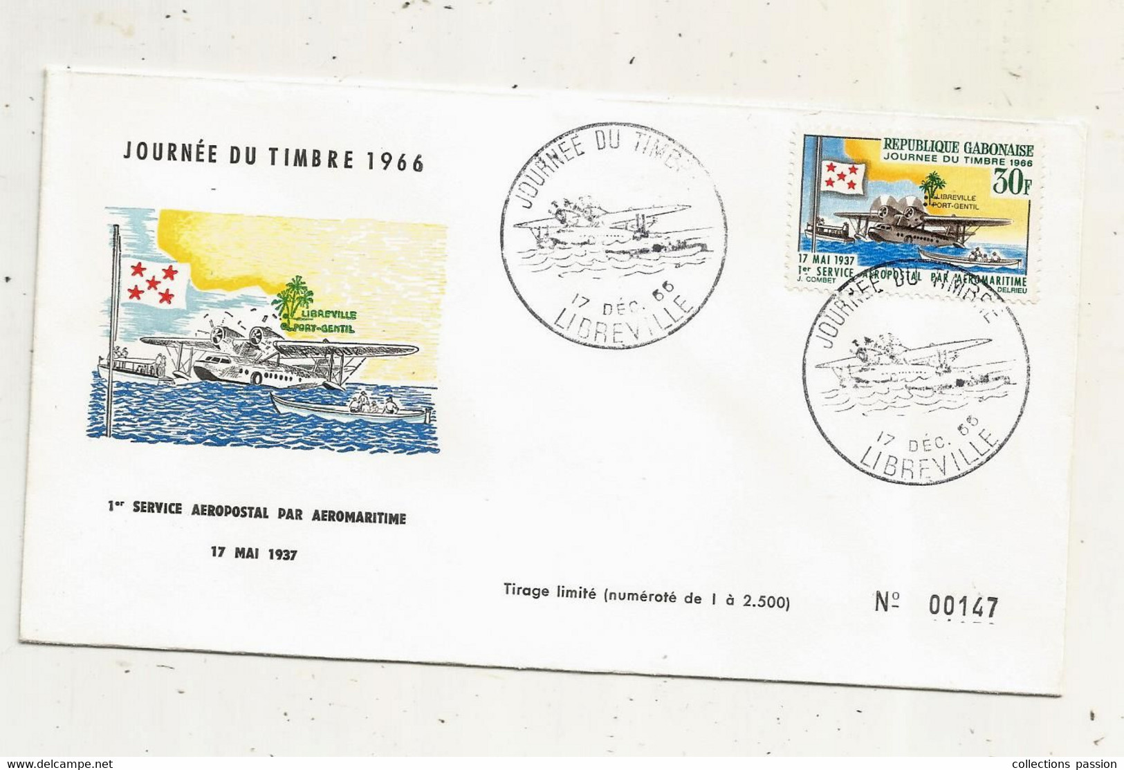 FDC, Premier Jour, GABON, LIBREVILLE, Journée Du Timbre 1966 ,  1 Ere Service Aeropostal Par Aeromaritime - Gabun (1960-...)