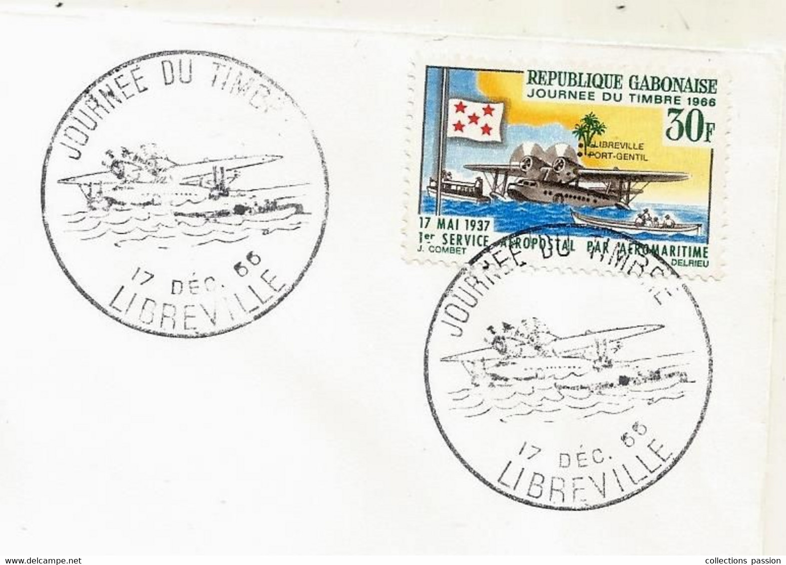 FDC, Premier Jour, GABON, LIBREVILLE, Journée Du Timbre 1966 ,  1 Ere Service Aeropostal Par Aeromaritime - Gabón (1960-...)