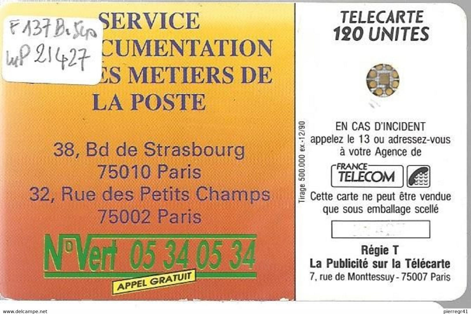 CARTE-PUBLIC-F-137B.540-1990-120U-SC5 An-Trou 6-LA POSTE-Ile De France-5 Impact 21427-UTILISEE-  TBE- - 1990