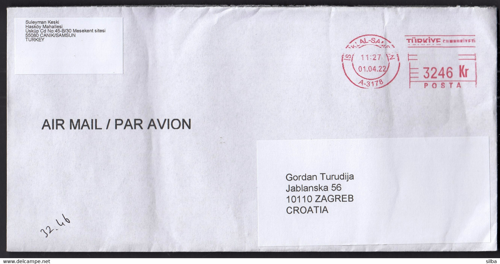 Turkey Samsun 2022 / Post Machine Printed Stamp 3246 Kr, ATM - Lettres & Documents