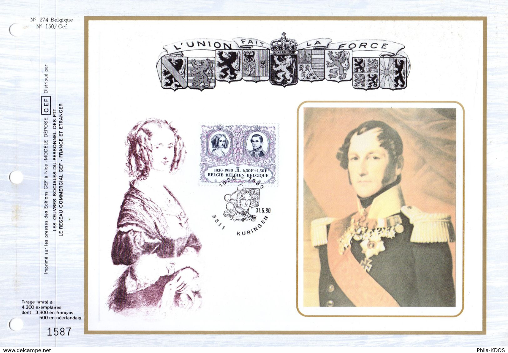 3800 Ex. " LEOPOLD Ier ET LOUISE-MARIE " Sur Feuillet CEF 1er Jour Sur Soie De Belgique De 1980 N° YT 1978 FDC - Zonder Classificatie