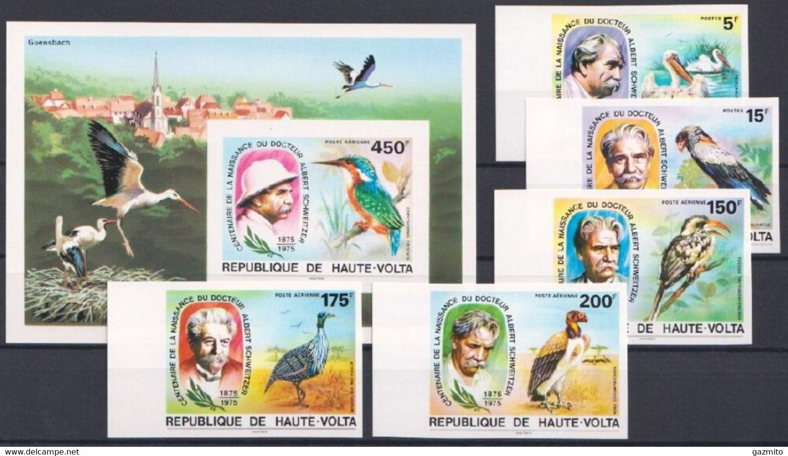 Haute Volta 1977, Schweitzer, Birds, Kingfisher, Birds Of Prey, 6val +BF IMPERFORATED - Haute-Volta (1958-1984)