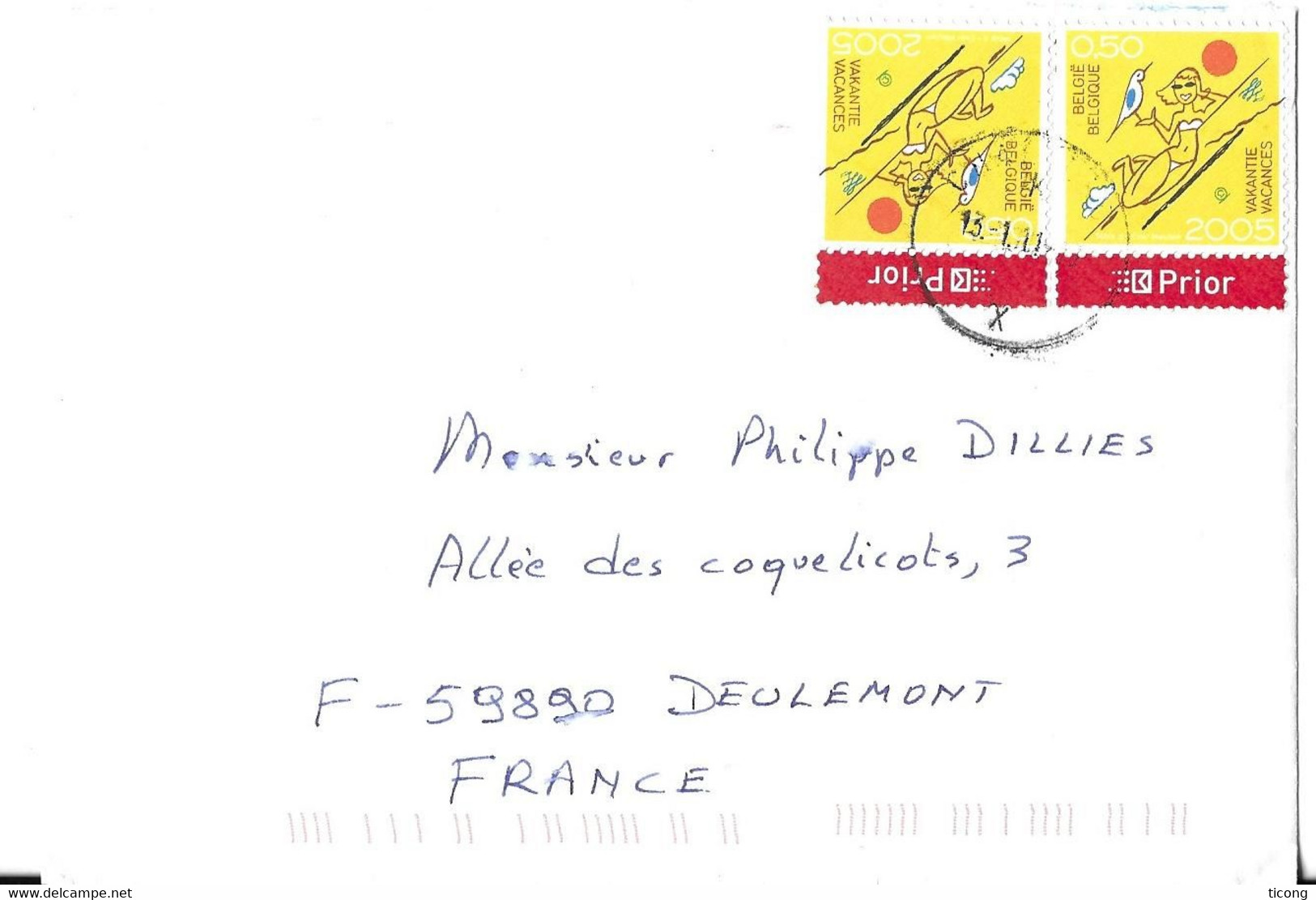 BELGIQUE LES VACANCES ( JEUNE FILLE, OISEAU ) 2 VALEURS SUR LETTRE POUR LA FRANCE CACHET ROND 2011, VOIR LES SCANNERS - Cartas & Documentos