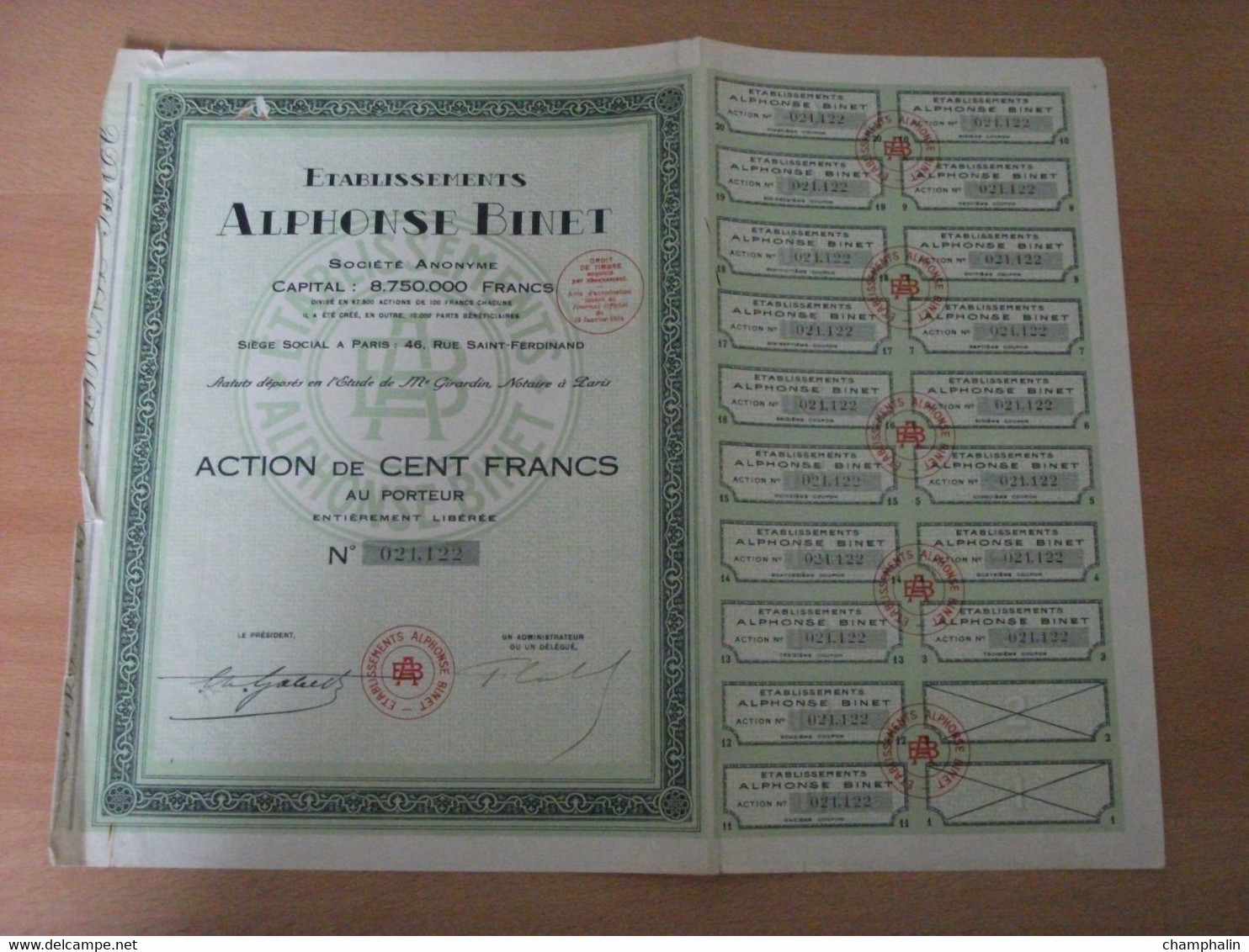 Actions - Etablissements Alphonse Binet à Paris (75) - 19 Janvier 1934 - Action Au Porteur - Automobile