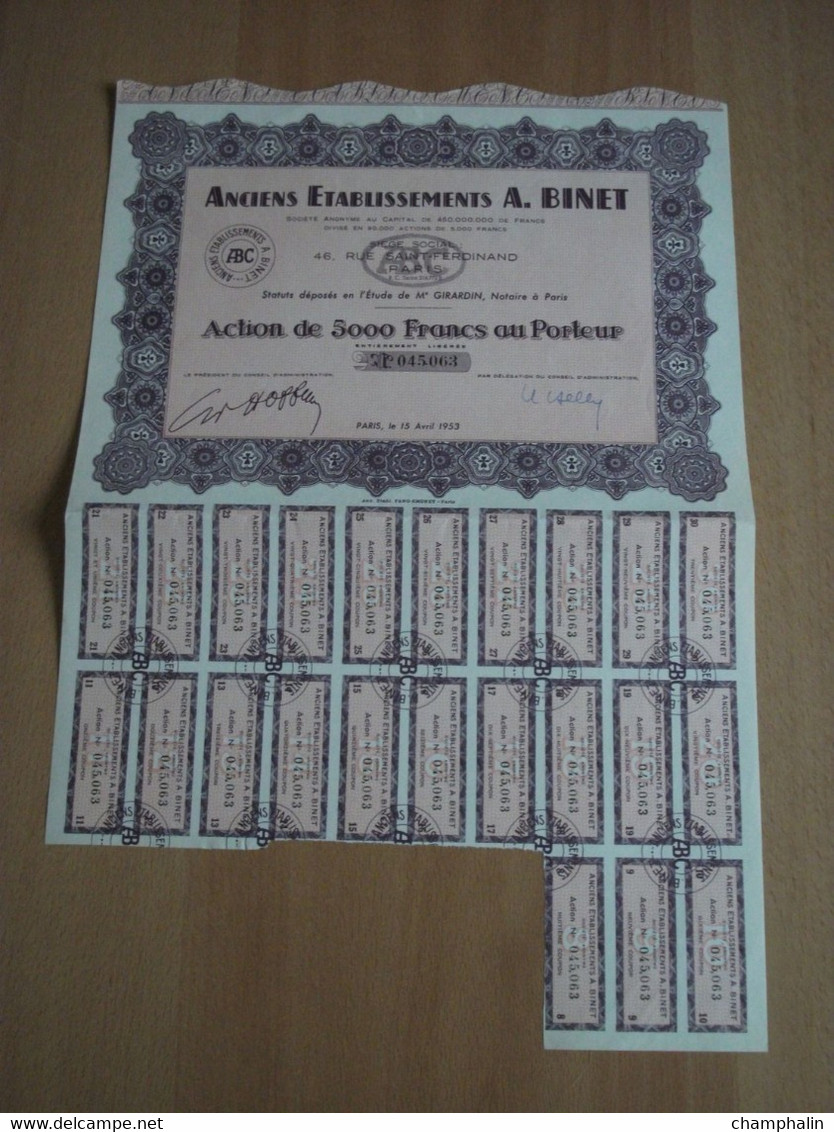 Actions - Anciens Etablissements Alphonse Binet à Paris (75) - 15 Avril 1953 - Action Au Porteur - Auto's