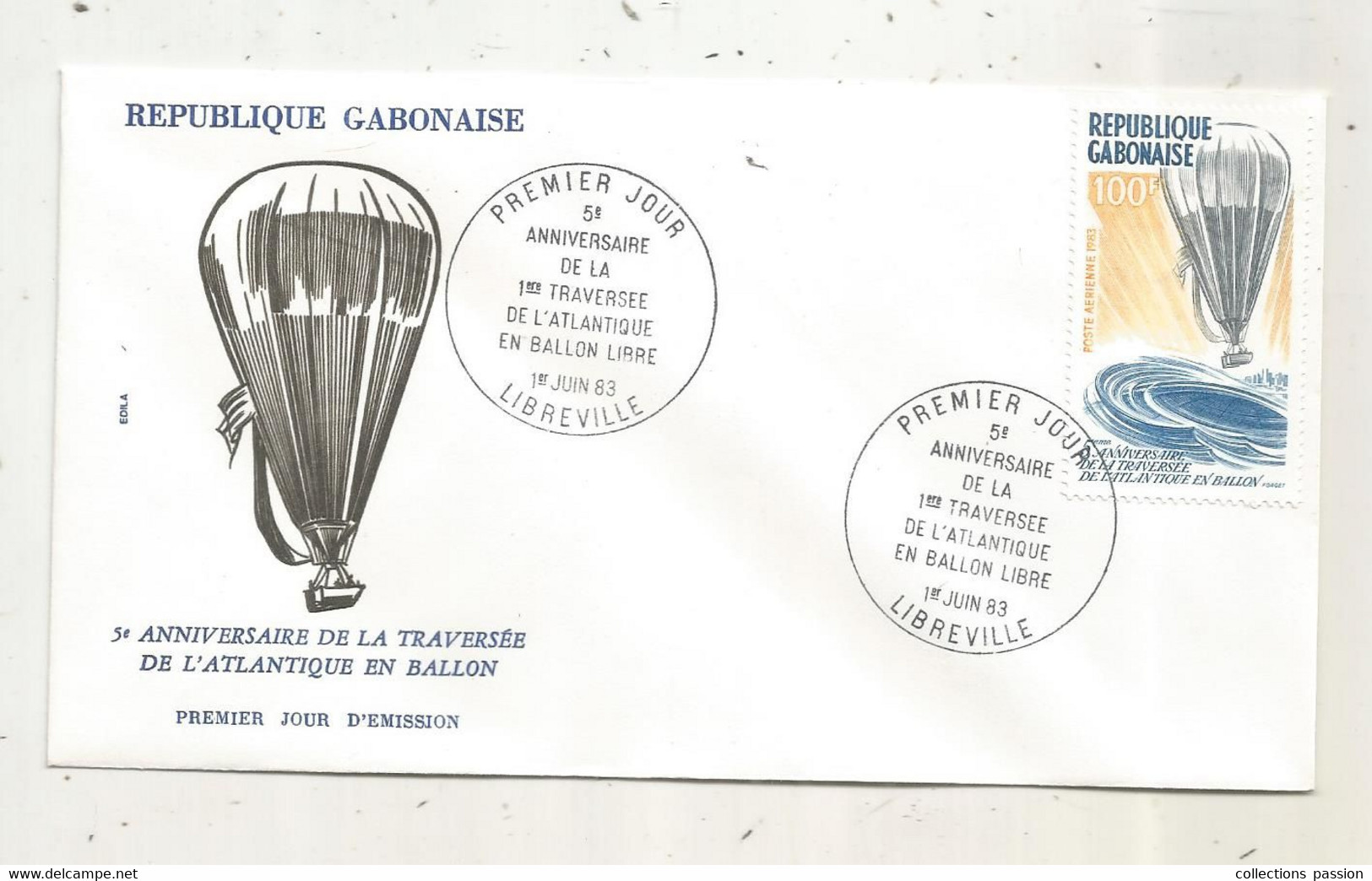 FDC, Premier Jour, GABON, 5 E Anniversaire De La Traversée De L'Atlantique En Ballon, LIBREVILLE,1983 - Gabón (1960-...)