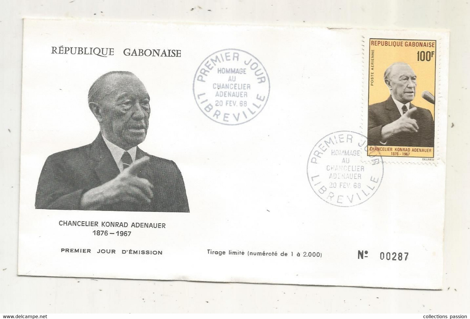 FDC, Premier Jour, GABON, Hommage Au Chancelier KONRAD ADENAUER, LIBREVILLE,1968 - Gabon (1960-...)