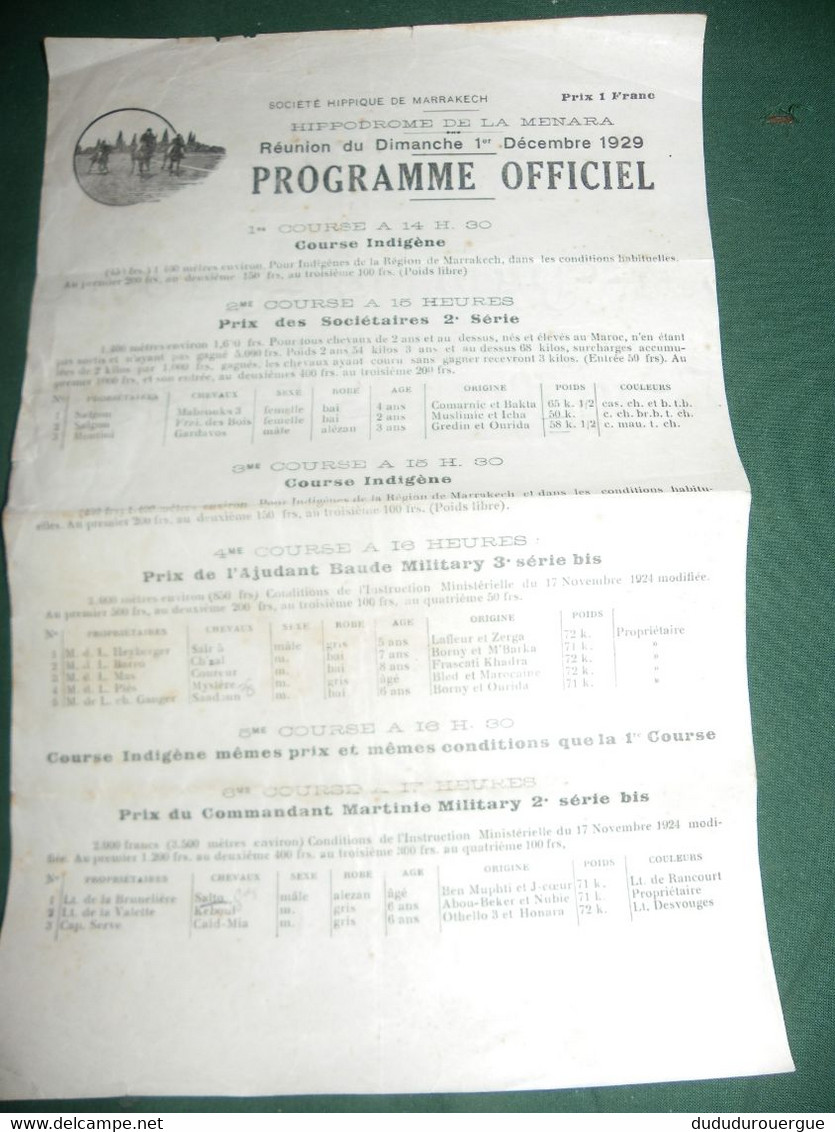 MAROC , MARRAKECH : HIPPODROME DE LA MENARA : PROGRAMME DES COURSES DU 1 ° DECEMBRE 1929 - Programmes