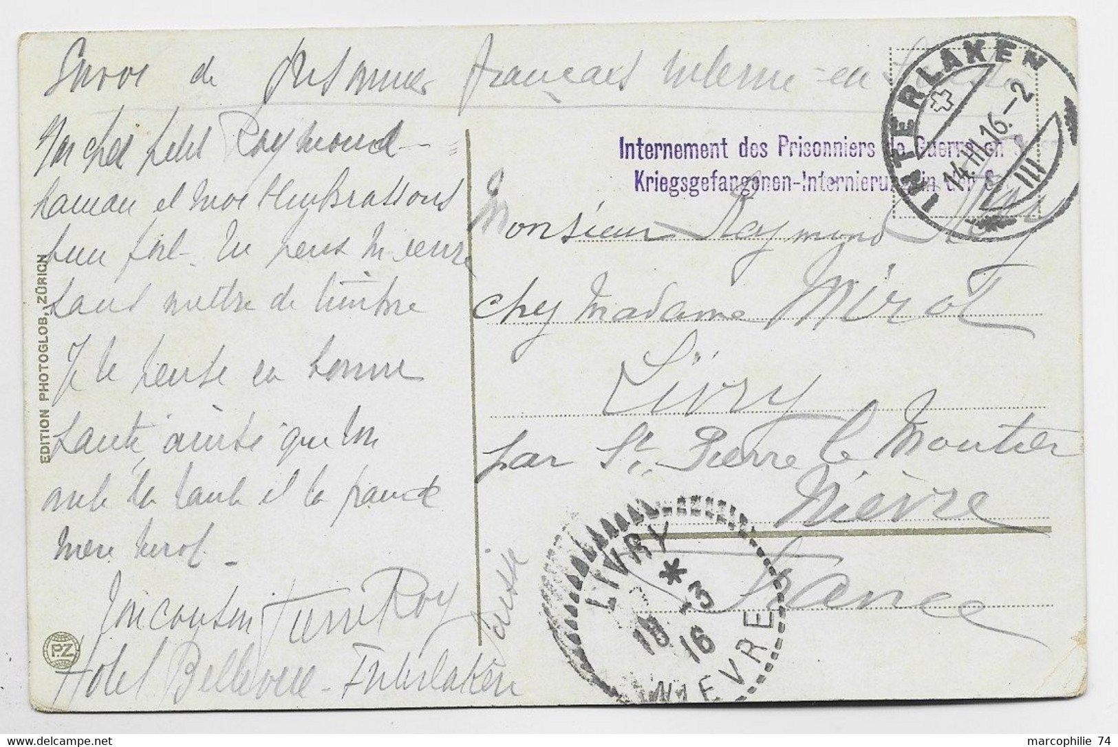 HELVETIA SUISSE CARTE INTERLAKEN 1916 + GRIFFE BILINGUE  INTERNEMENT KRIEGS DES PRISONNIERS GUERRE - Oblitérations