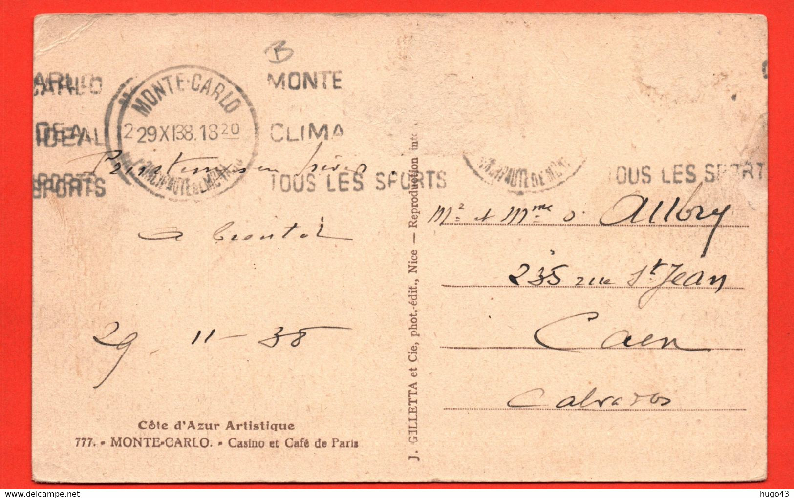 (RECTO / VERSO) MONTE CARLO EN 1938 - N° 777 - CASINO ET CAFE DE PARIS AVEC PERSONNAGES - CPA - Wirtschaften & Restaurants