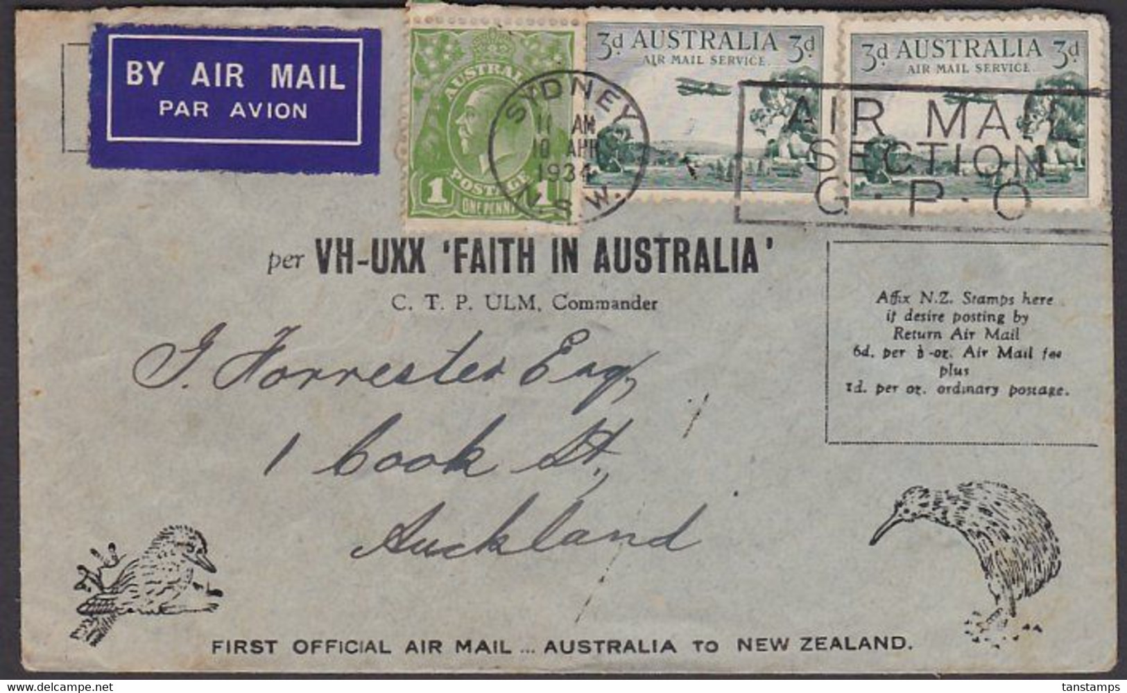 First Flight Australia To New Zealand April 1934 - First Flight Covers