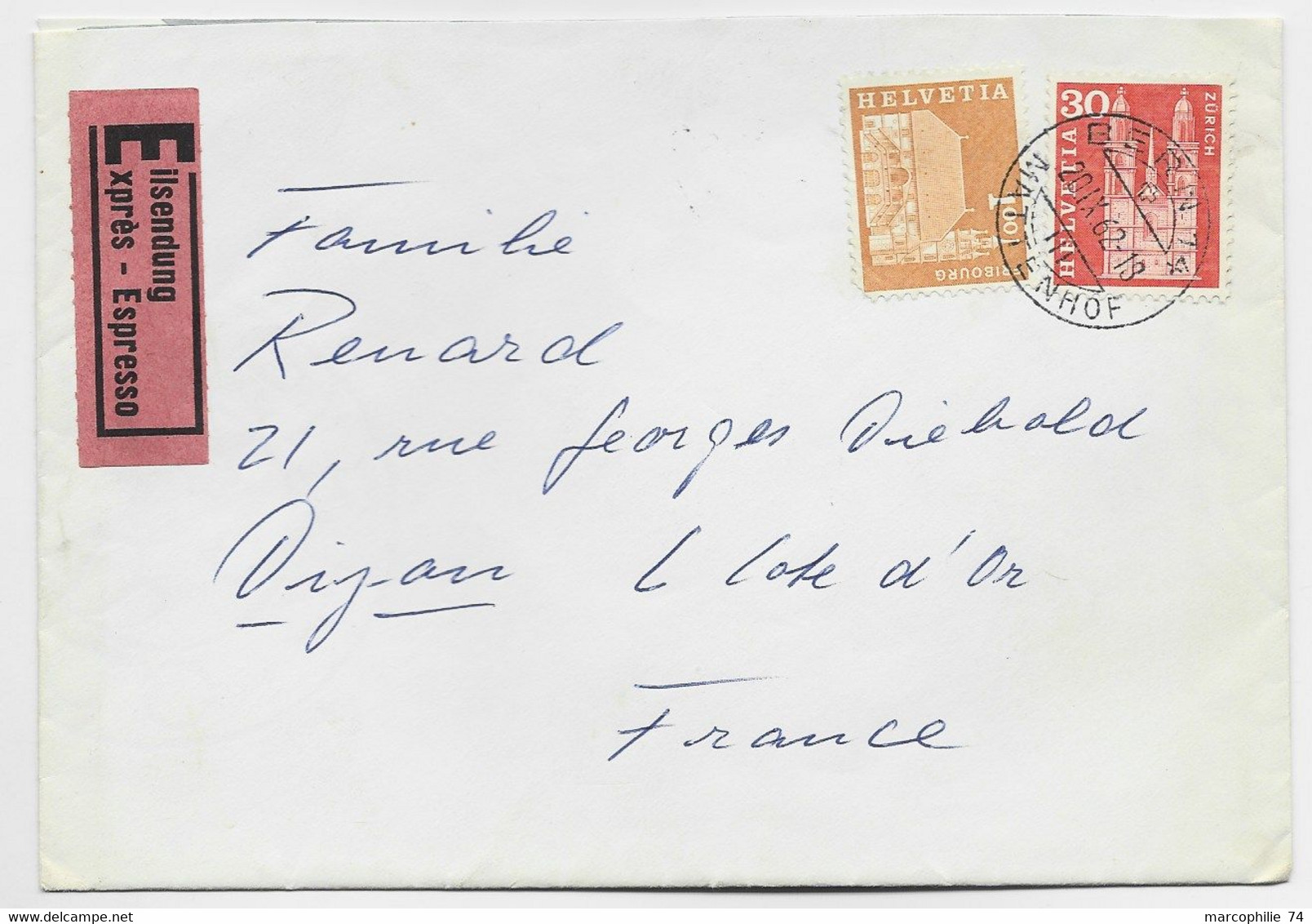 HELVETIA SUISSE 30C+ 1FR LETTRE EXPRES BERN 30.IX.1962 MATTENHOF TO FRANCE AU DOS PARIS GARE PLM - Covers & Documents