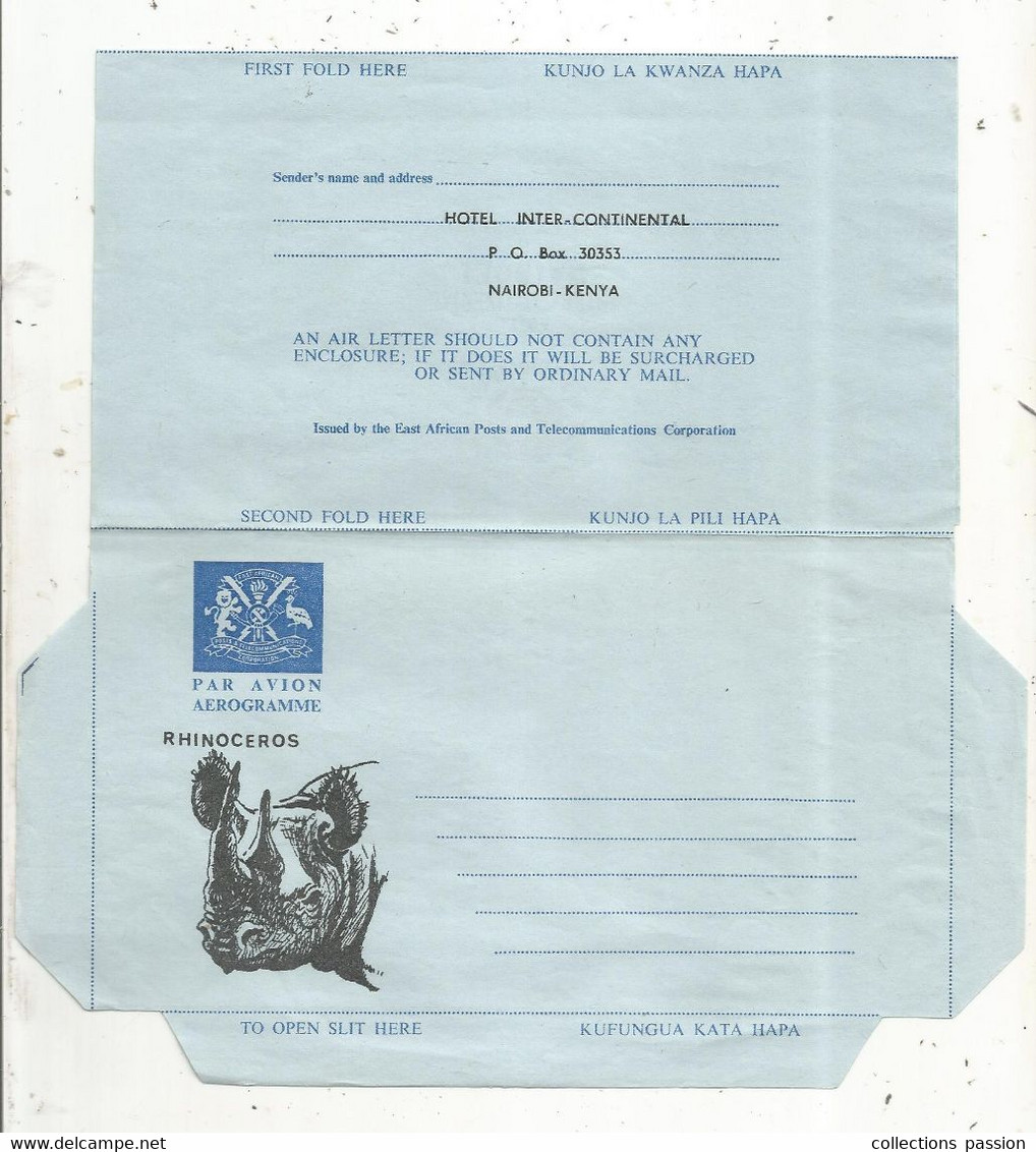 AEROGRAMME ,par Avion, Neuf , East African, Hotel Inter-continental, NAIROBI , KENYA, Frais Fr 1.65 E - Kenya (1963-...)