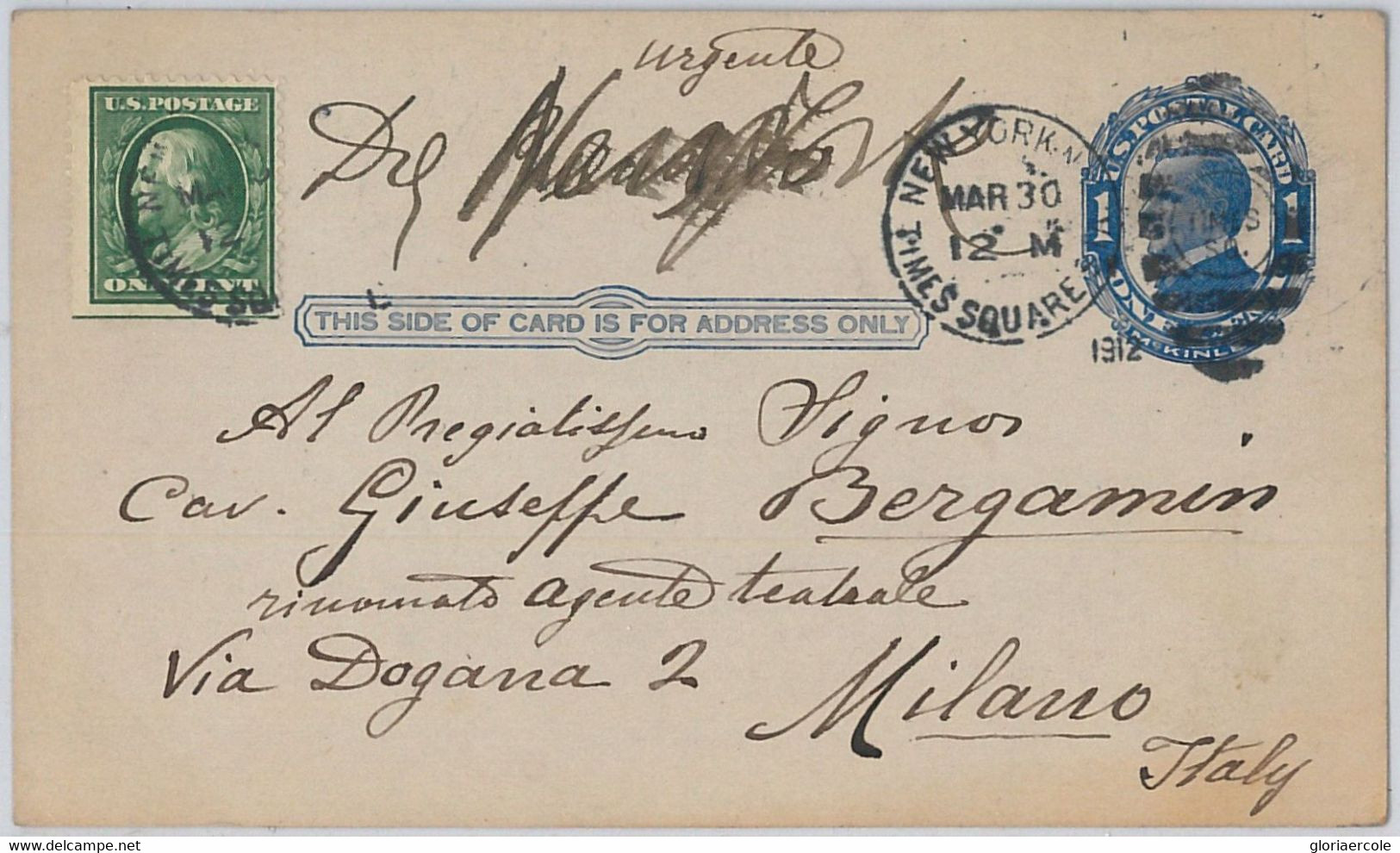 52459 - UNITED STATES - POSTAL STATIONERY CARD: Scott # UX 22 To ITALY 1912 - Other & Unclassified