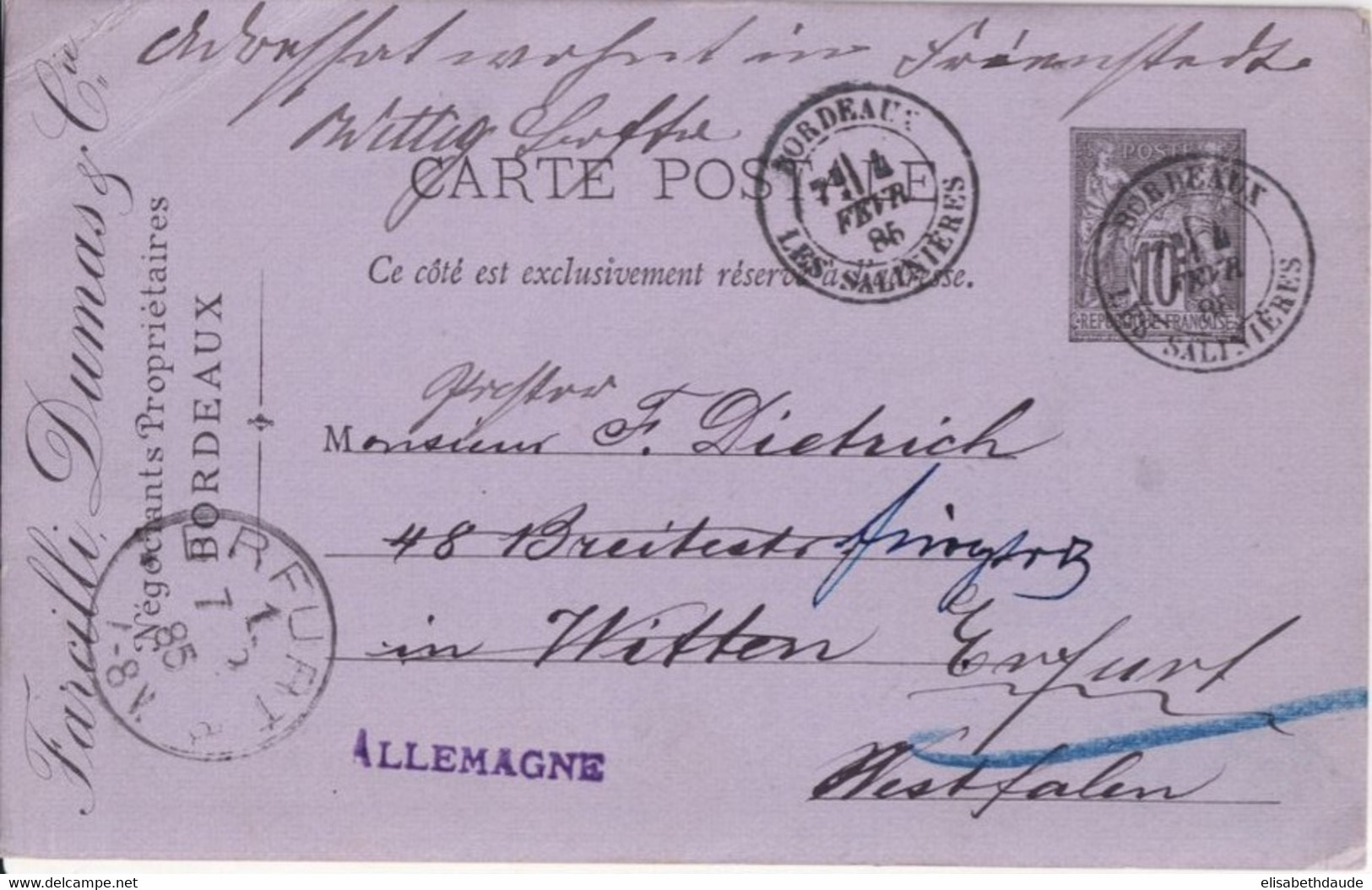 SAGE  - 1885 - CP ENTIER REPIQUAGE VINS De BORDEAUX "FARCILLI DUMAS & Co" + VERSO REPIQUAGE ALLEMAND => WITTEN => ERFURT - Cartes Postales Repiquages (avant 1995)