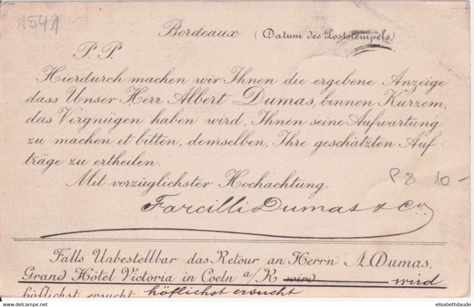 SAGE  - 1885 - CP ENTIER REPIQUAGE VINS De BORDEAUX "FARCILLI DUMAS & Co" + VERSO REPIQUAGE ALLEMAND => WITTEN => ERFURT - AK Mit Aufdruck (vor 1995)