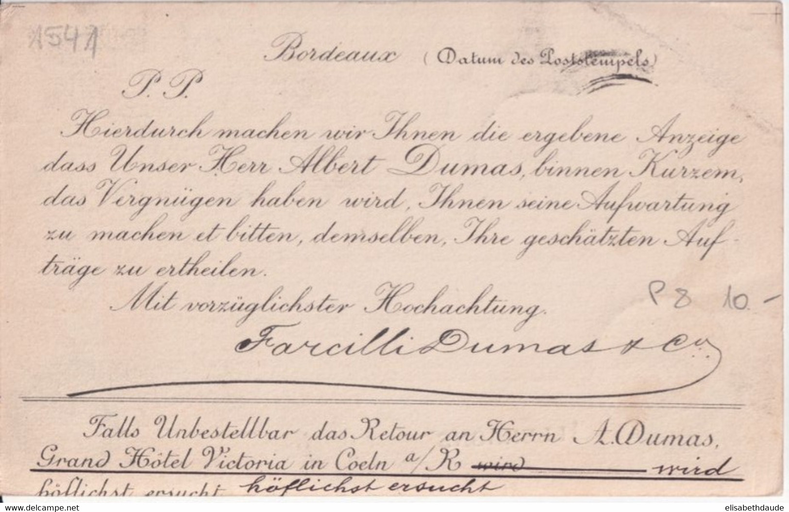 SAGE  - 1885 - CP ENTIER REPIQUAGE VINS De BORDEAUX "FARCILLI DUMAS & Co" + VERSO REPIQUAGE ALLEMAND => WITTEN => ERFURT - Overprinter Postcards (before 1995)