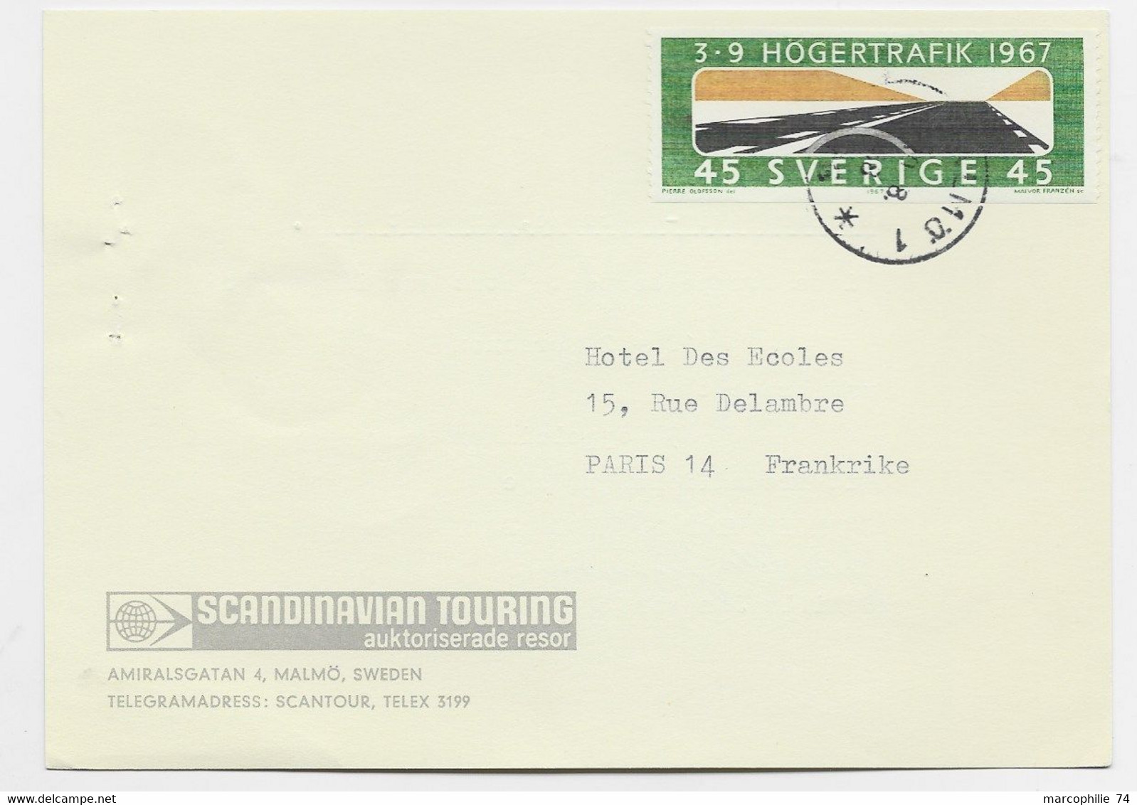 SVERIGE 45 SOLO CARD SCANDINAVIAN TOURING 1967 O FRANCE - Cartas & Documentos