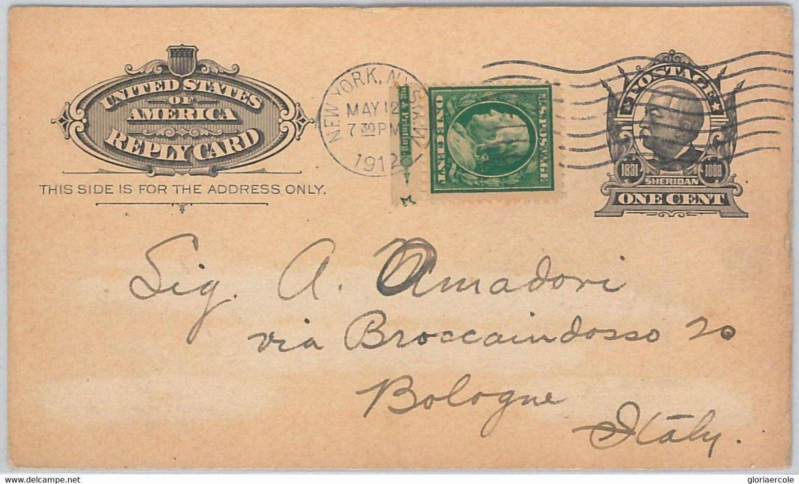 52461 - UNITED STATES - POSTAL STATIONERY CARD: Scott # UX 4 To ITALY 1912 - Other & Unclassified