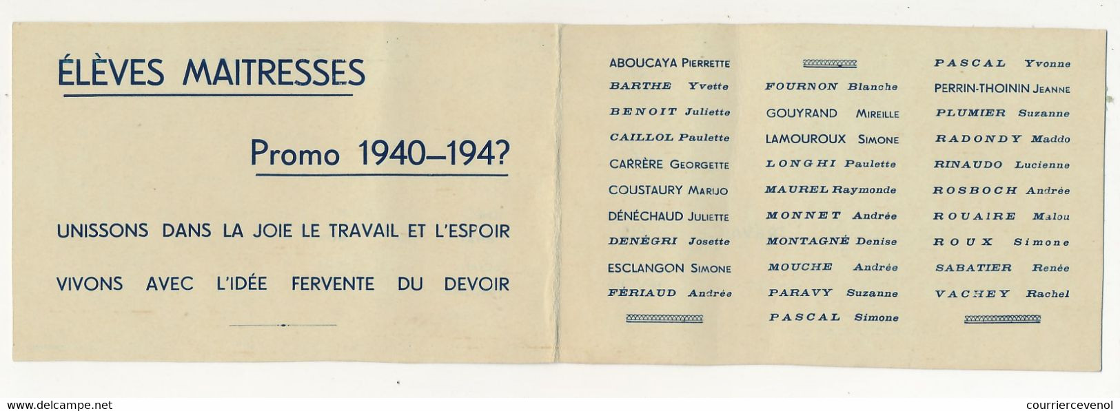 FRANCE - MARSEILLE - Carte 8,5 Cm X 13,5 Cm - Lei Mireio - Liste Des élèves Maitresses Promo 1940/194? - Diploma's En Schoolrapporten